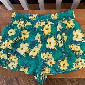 Green and Yellow Floral Flowy Shorts